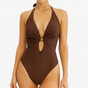 Chic Brown Halter One-Piece Swimsuit